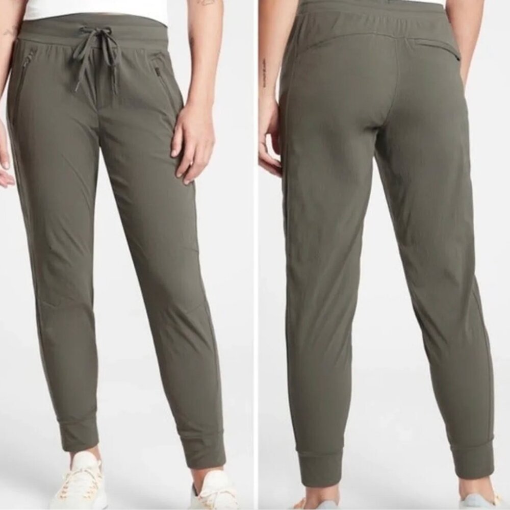 Athleta Trekkie North Jogger Olive Green Pant Zip Pockets Tapered Legs